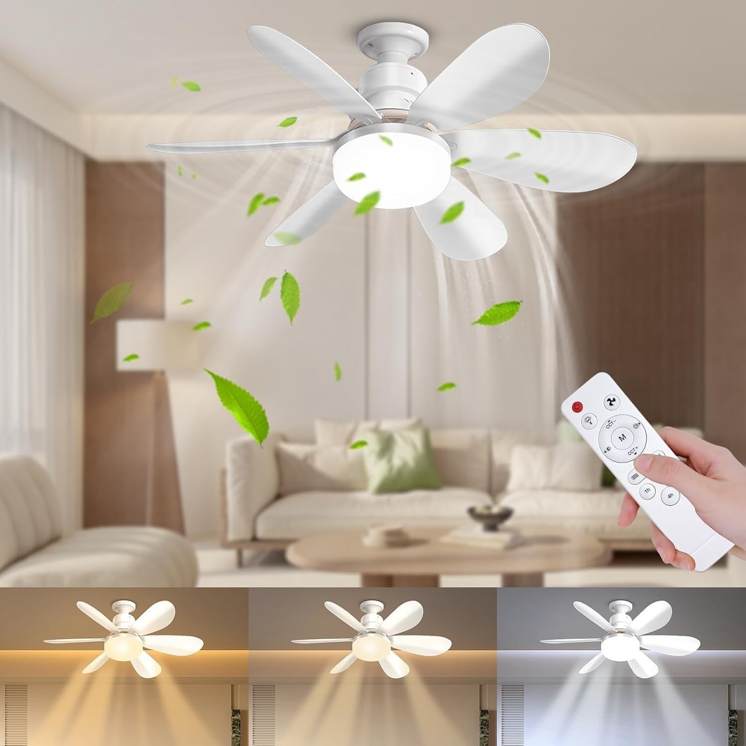 52cm Ceiling Fan, LED Light, E27 Base, Remote, 3 Speeds, Dimmable