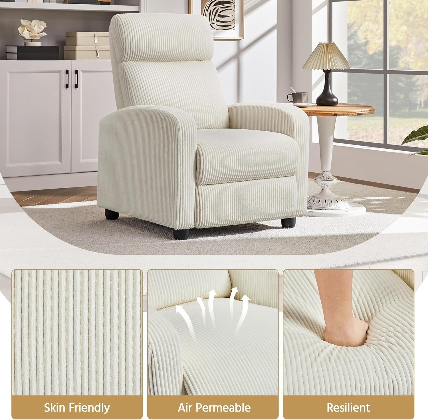 Recliner Armchair Corduroy Fabric Sofa Lounge Chair Home Theater Seat