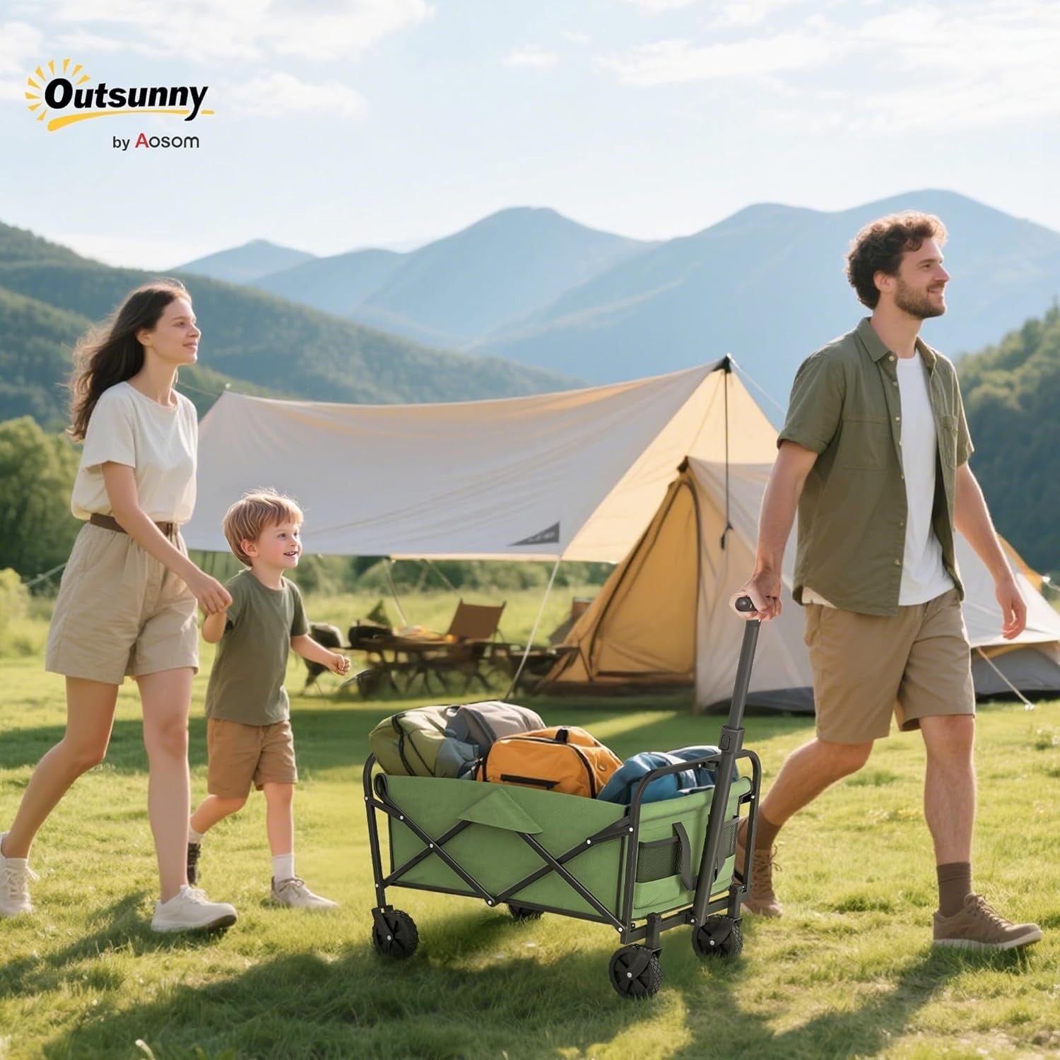 Green 62L Folding Festival Trolley 120kg Heavy Duty Garden Beach Camping Wagon