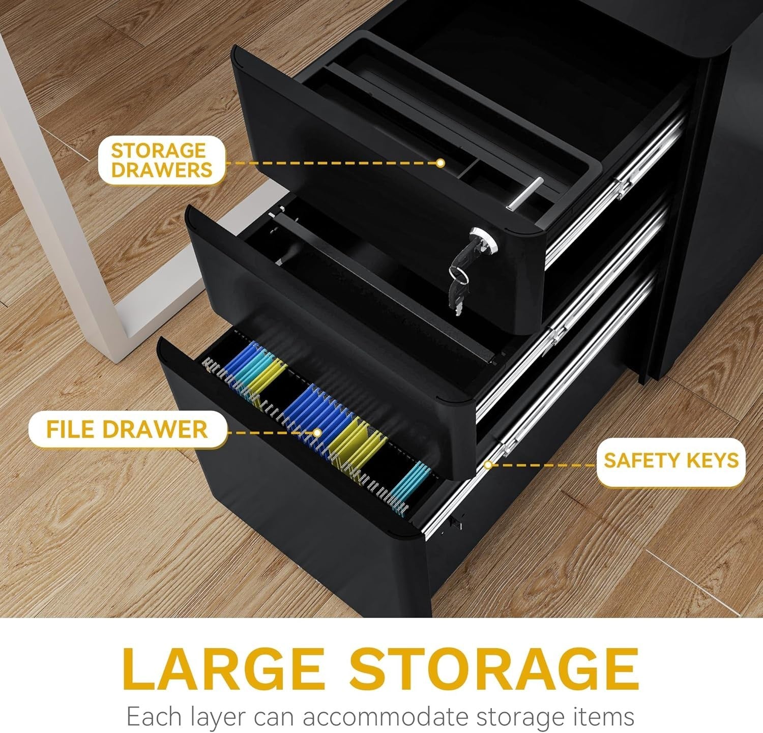 Black 3 Drawer Lockable Metal File Cabinet 30x45x61cm Slim
