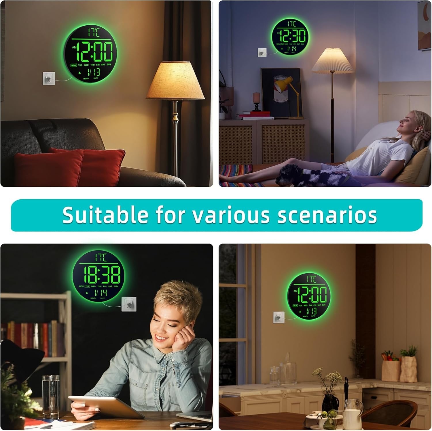 Black Green 10″ RGB Digital Wall Clock LED Large Display Remote Temperature