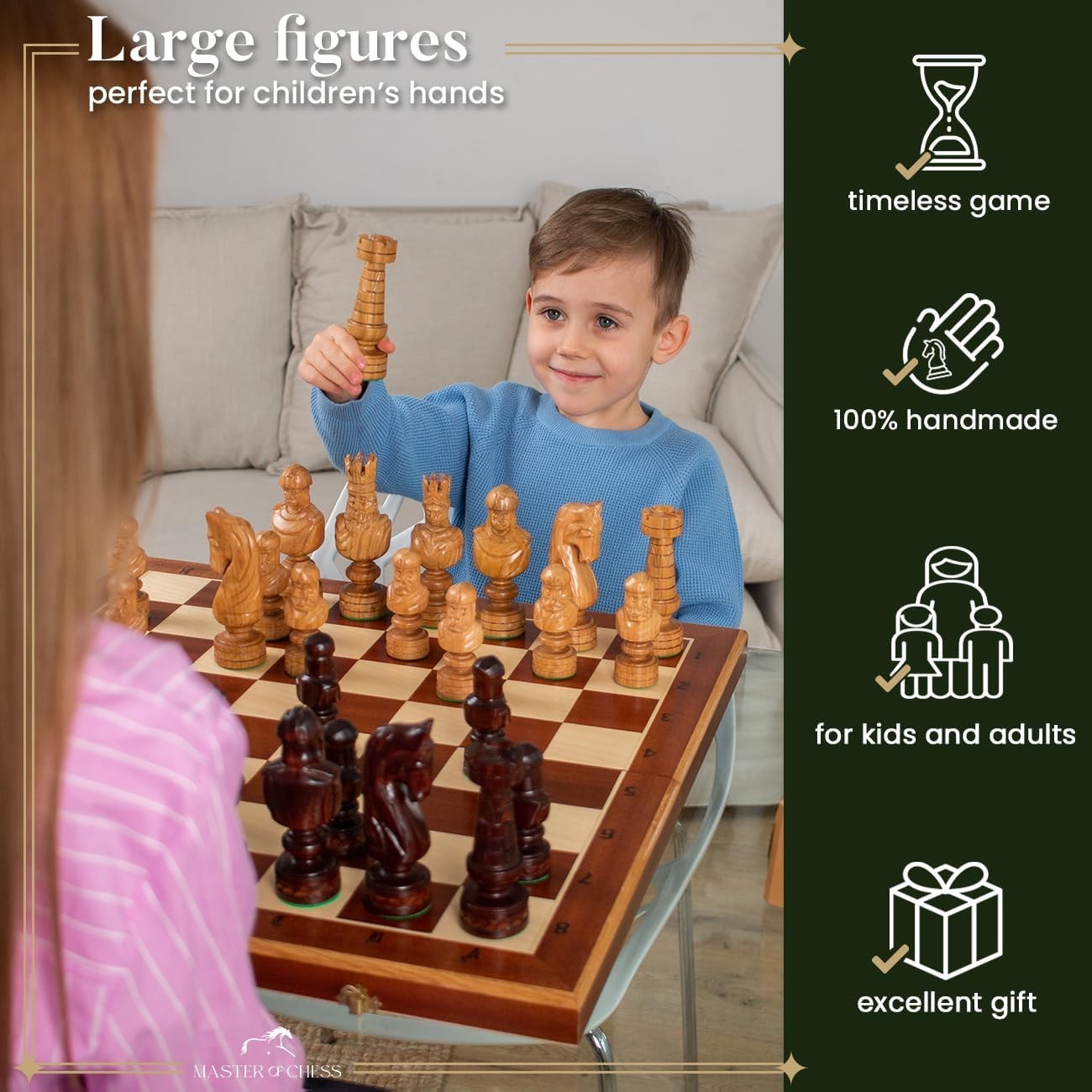 60cm Luxury Inlaid Wooden Chess Set – Large Hand-Carved Weighted Pieces
