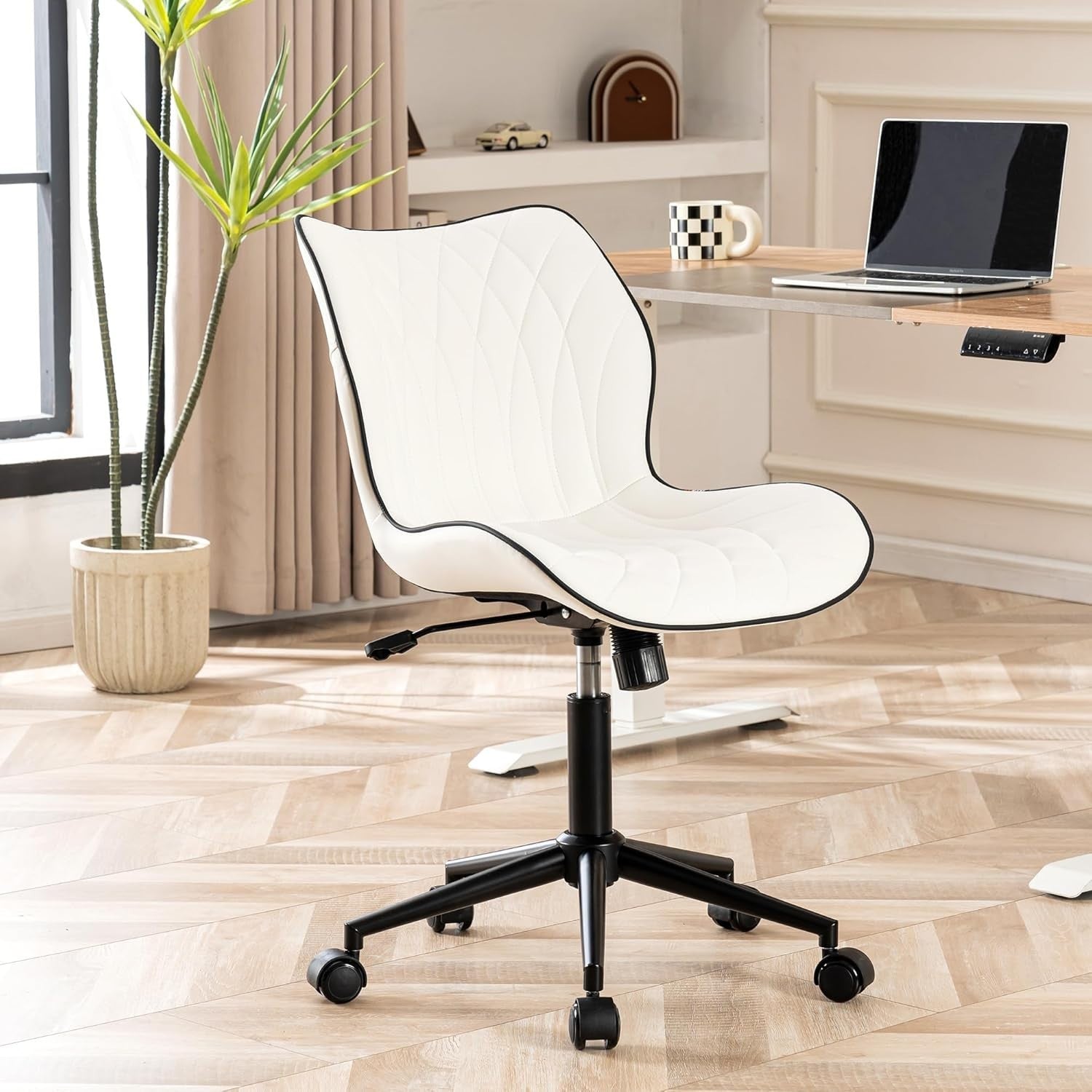 White Faux Leather Swivel Desk Chair Ergonomic Home Office Vanity Rocking Armles