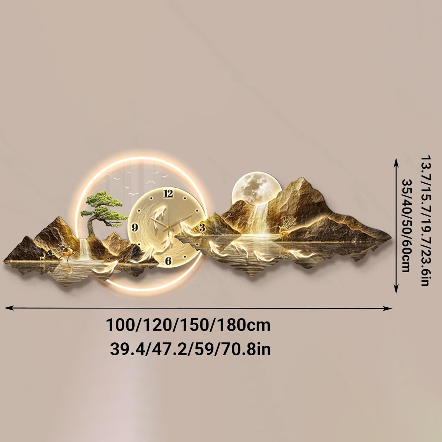 Luxury LED Mountain Wall Art Clock 3D Gold Landscape Decor Large 50x150cm