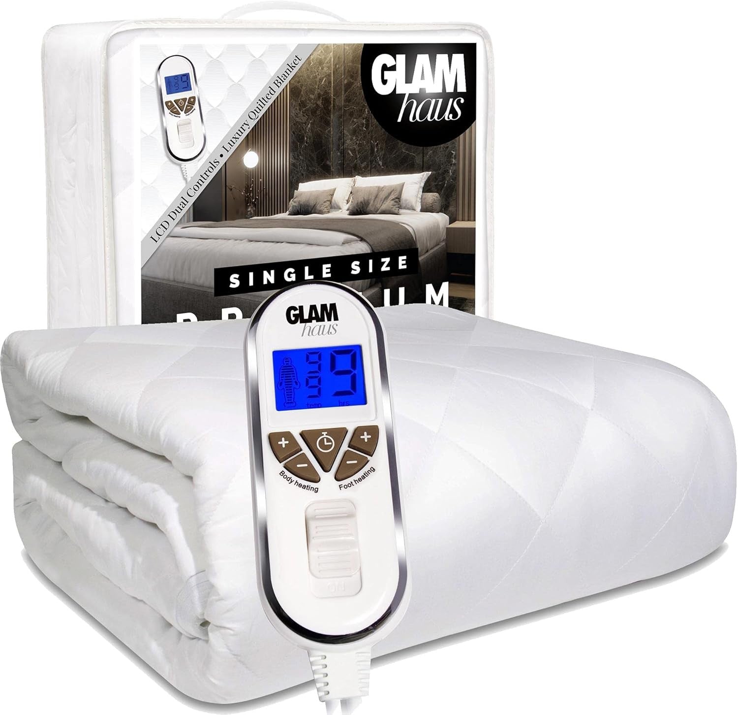 Single Electric Heated Underblanket White Fitted Quilted Washable Bed Cover