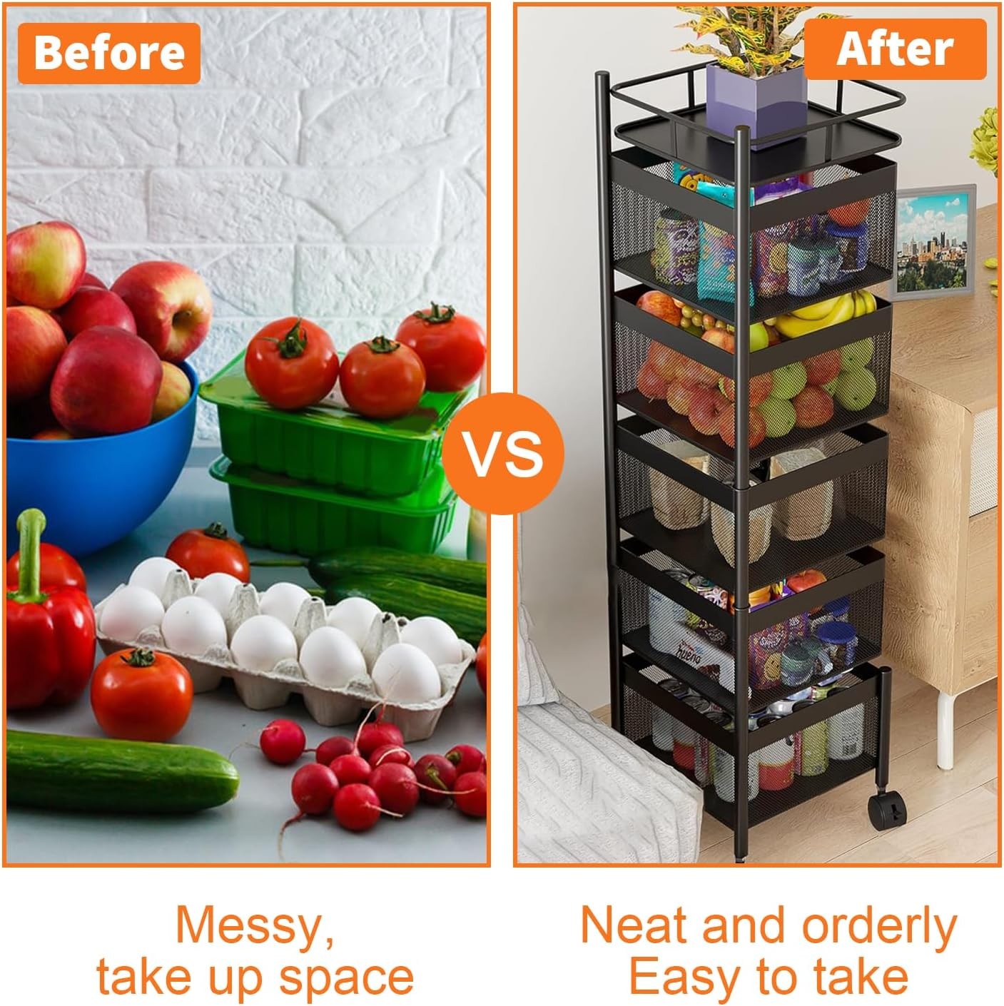6 Tier Metal Fruit Basket Rotating Storage Trolley with Wheels Black