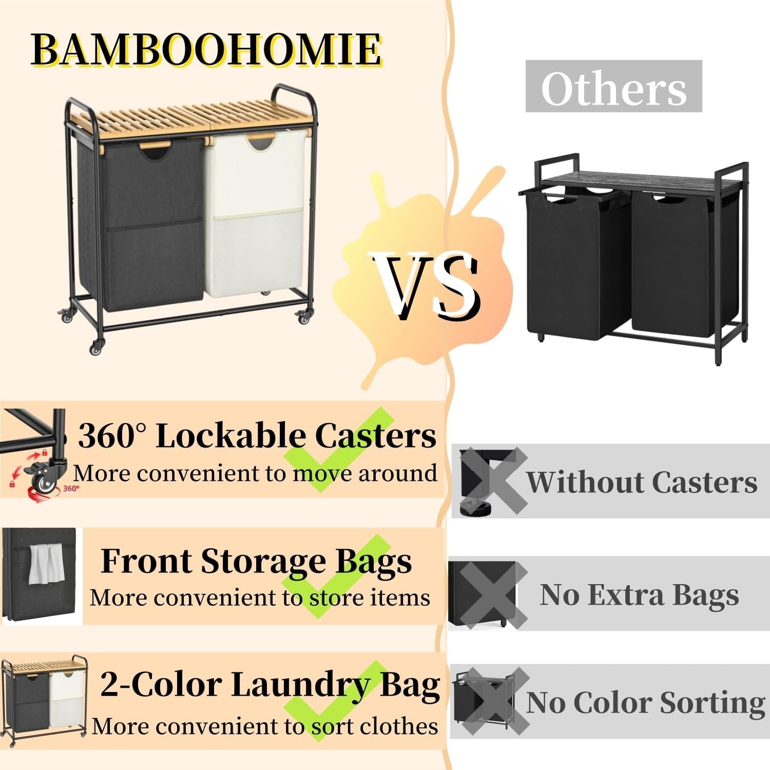 2-Section Laundry Sorter with Bamboo Shelf, Pull-Out 50L Bags & Wheels – Space S