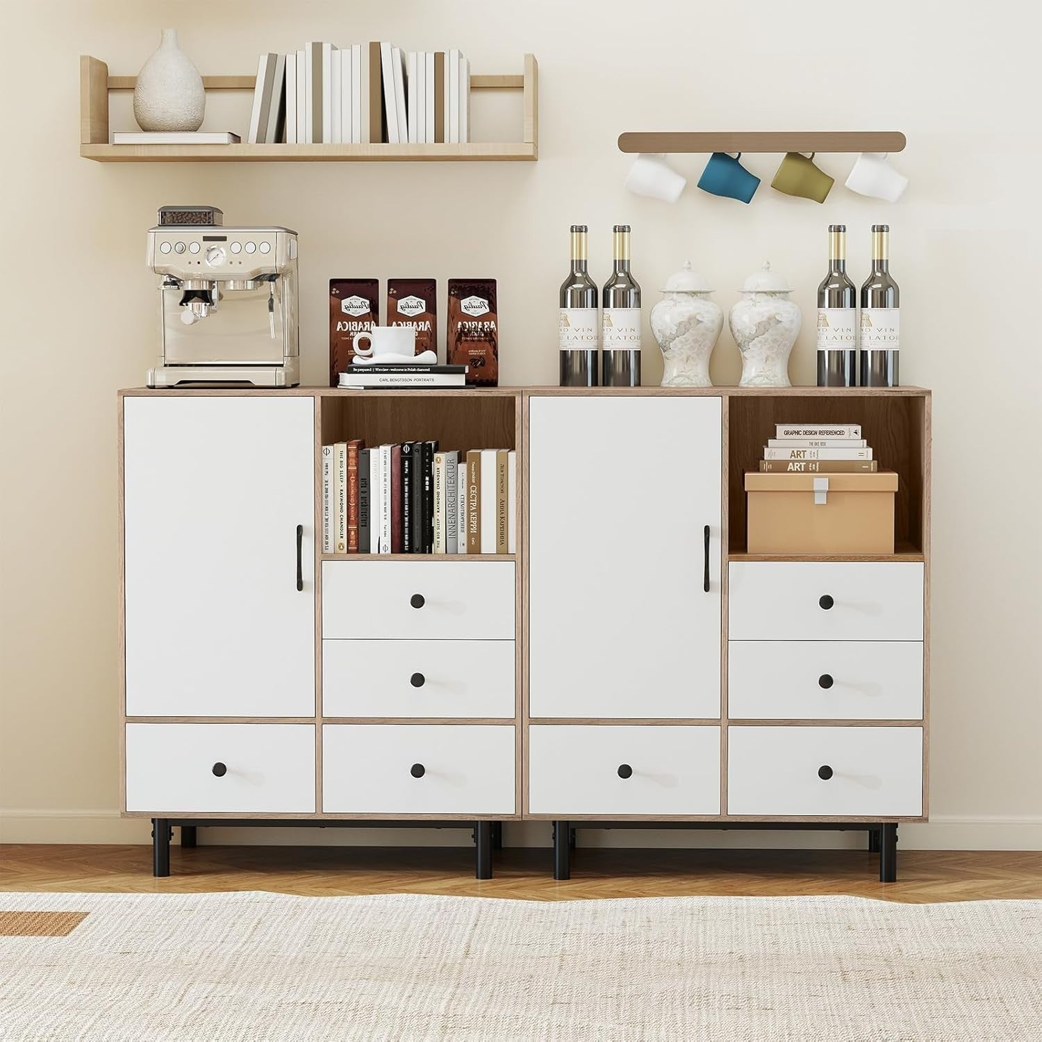 Modern 4 Drawer Sideboard Cabinet White & Natural with Open Shelf & Anti-Tip