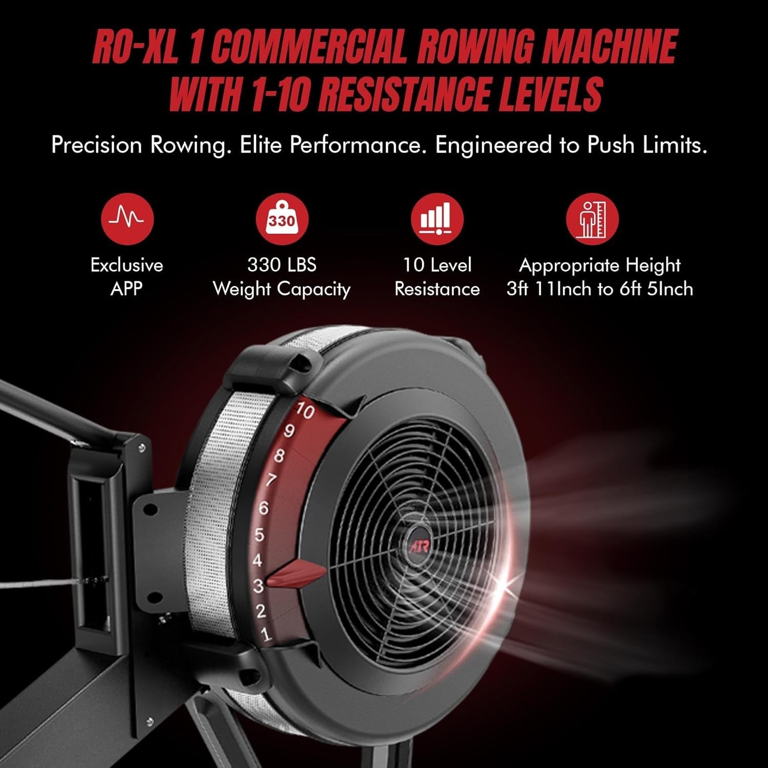 Air Rowing Machine 10-Level Resistance Bluetooth LCD Foldable Home Rower 150KG
