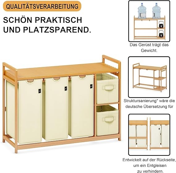 190L Bamboo Laundry Sorter with 3 Hampers & 2 Drawers | Beige 5-Compartment Unit