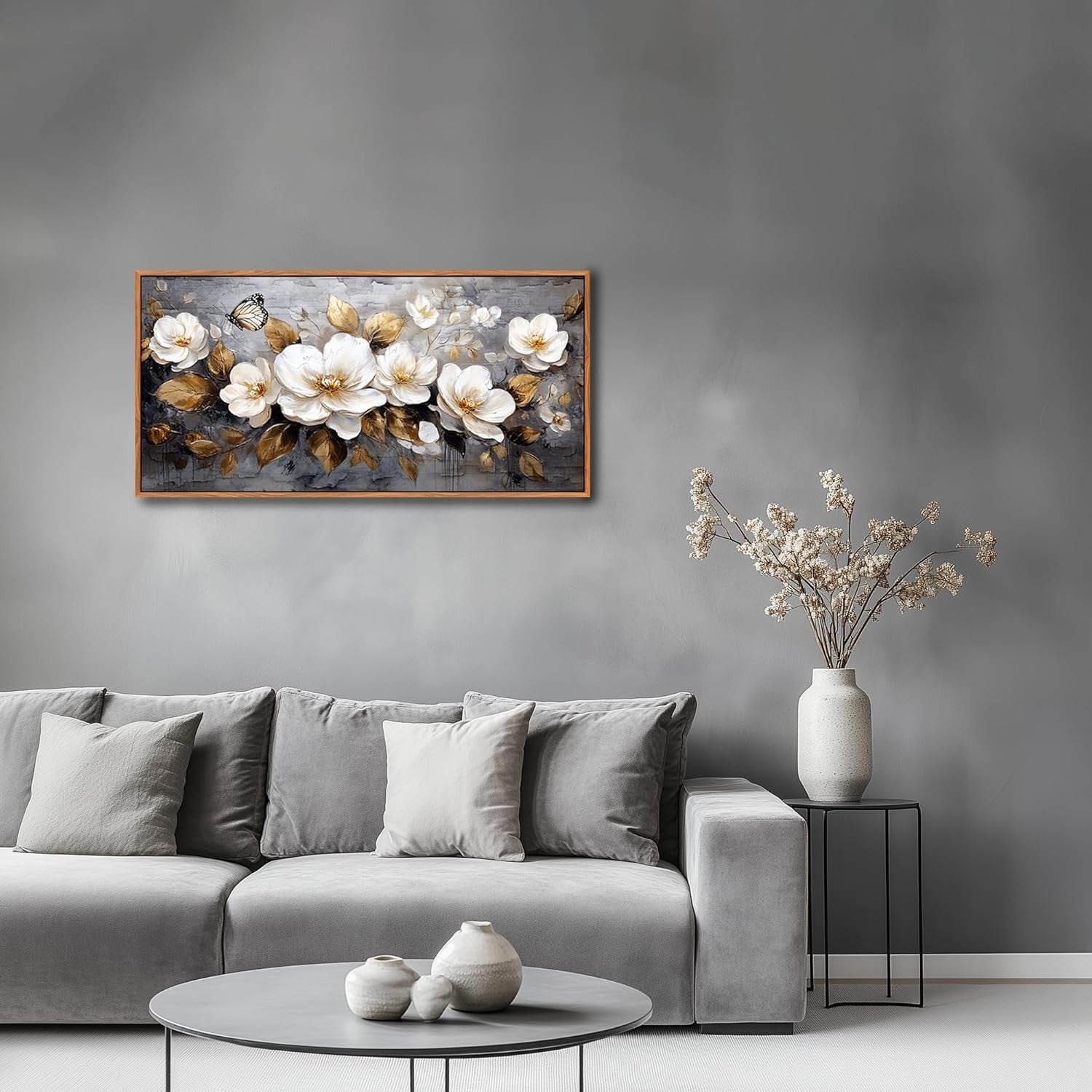 Golden Flowers Canvas Wall Art Framed 100x50 cm Large Floral Decor