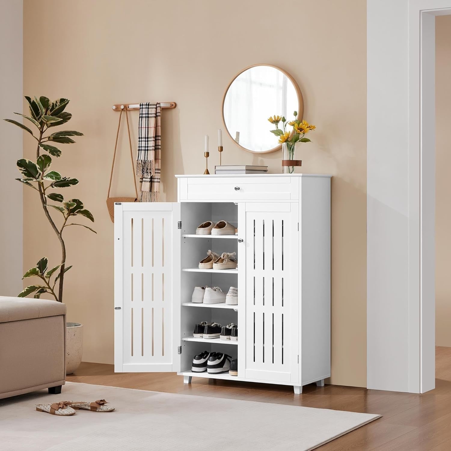 White 5-Tier Shoe Cabinet with Drawer & Adjustable Shelves – Space Saver