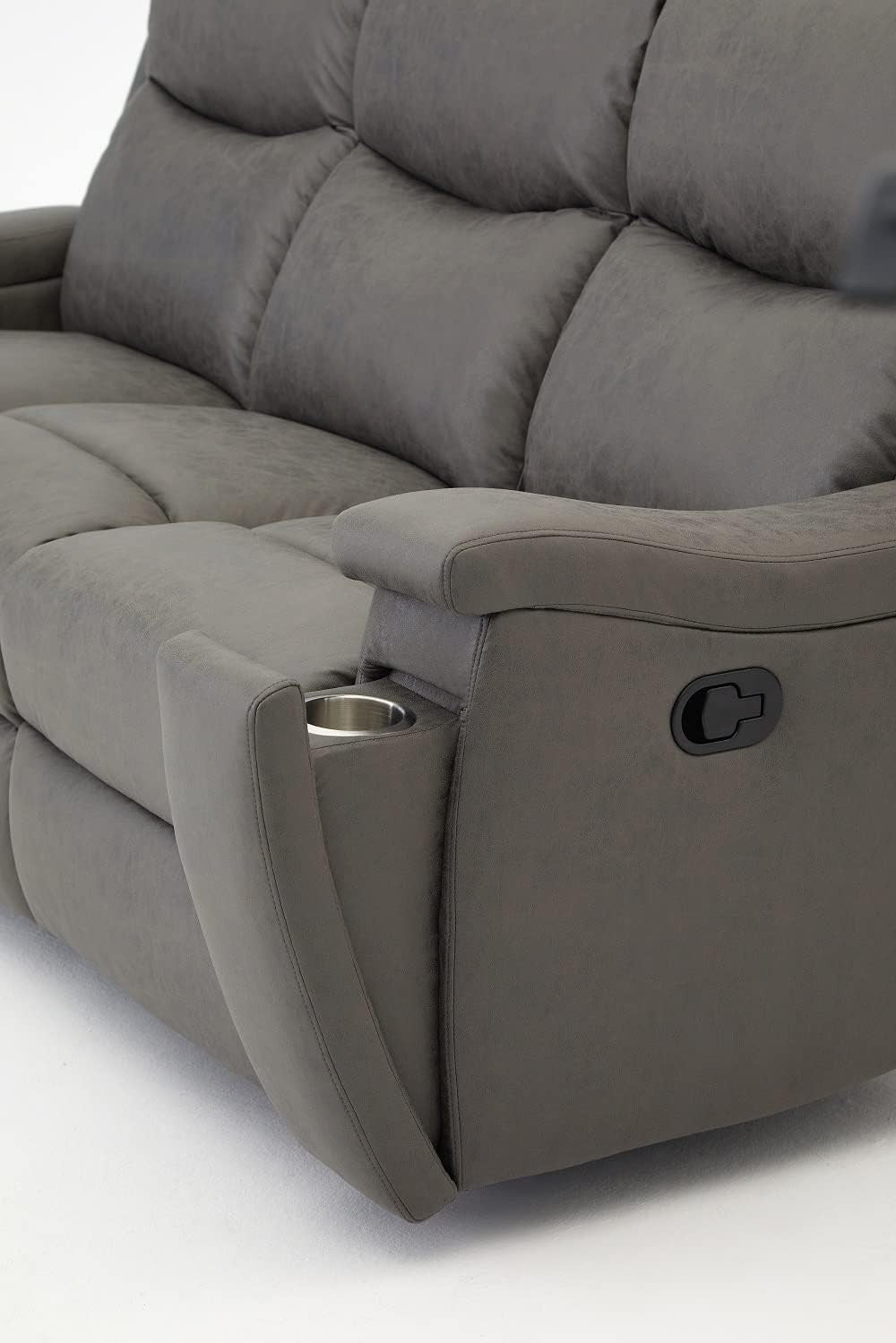 Grey Recliner Sofa 3 Seater Faux Leather Manual Lounge Chair w/ Cup Holders