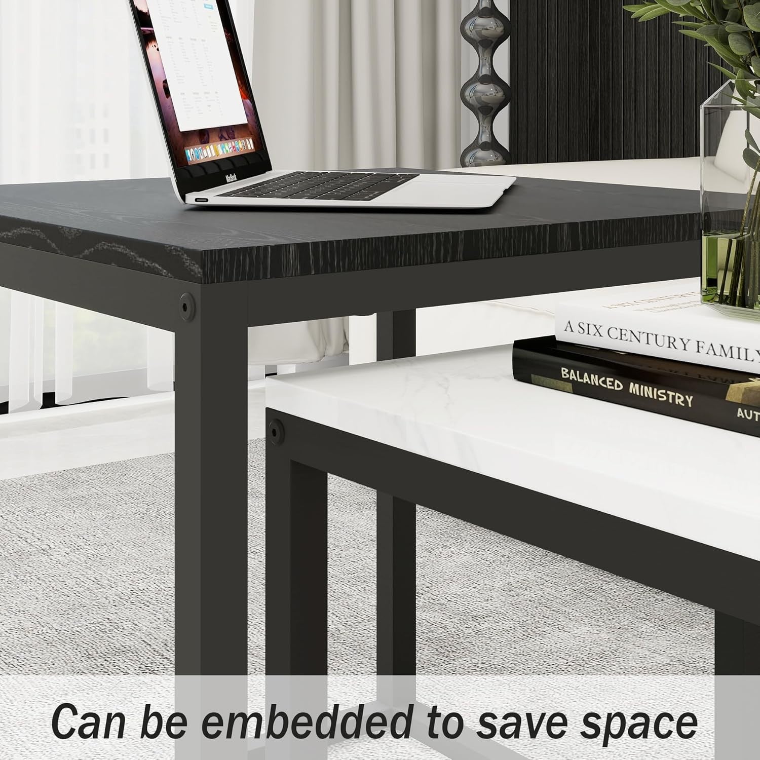 Nesting Coffee Table Set Modern 2PCS Black White Side End Tables Metal Wood
