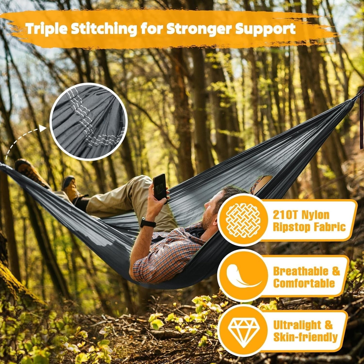 Ultra-Light Portable Camping Hammock 300kg Load Breathable Parachute Nylon