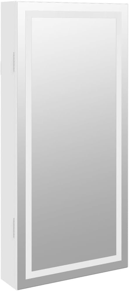 Compact LED Wall Jewelry Cabinet Frameless Mirror Lockable Storage White