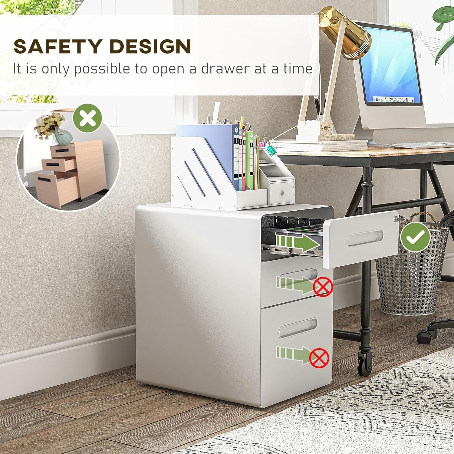 White 3 Drawer Lockable Filing Cabinet with Wheels A4 Home Office Storage