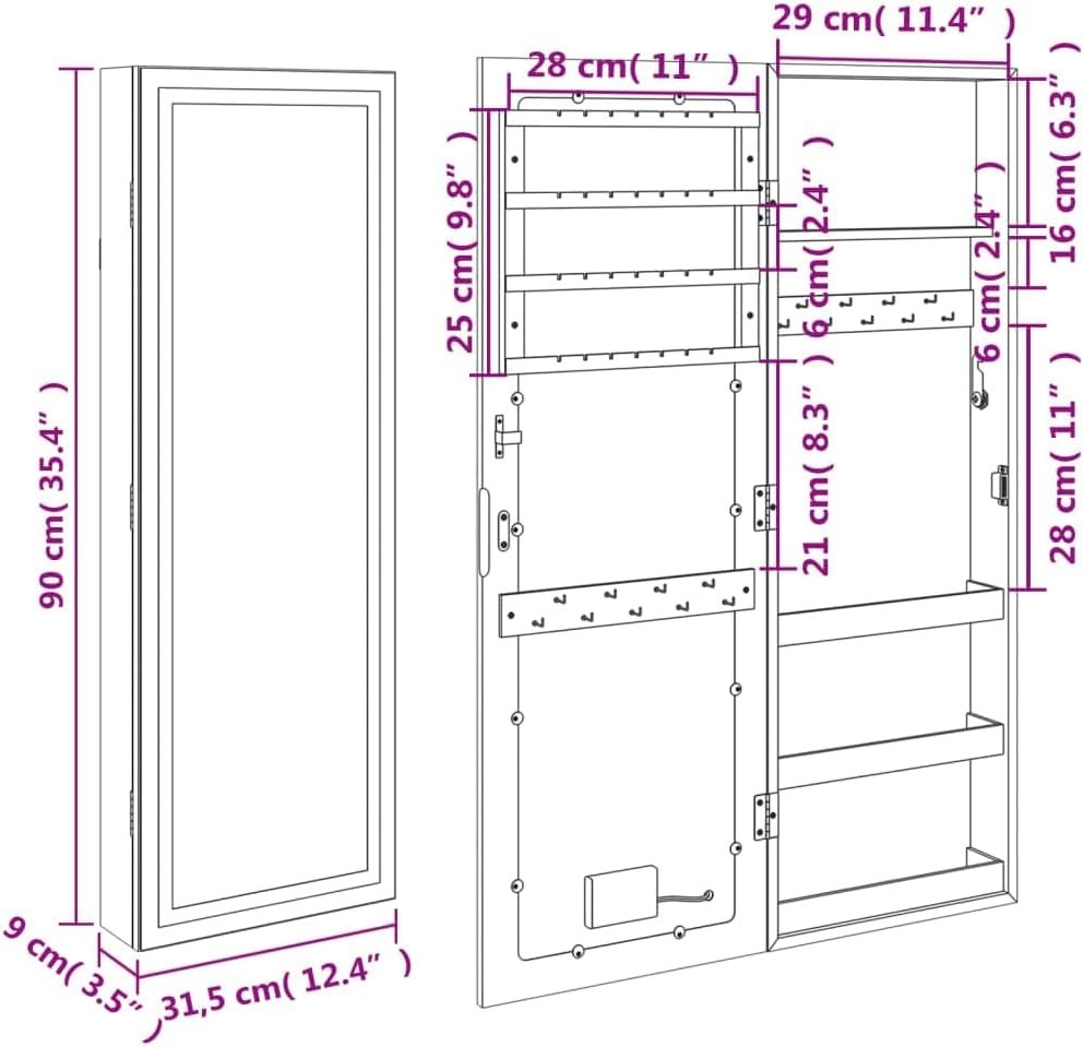LED Wall Hanging Jewelry Storage Mirror Cabinet Lockable Slim White