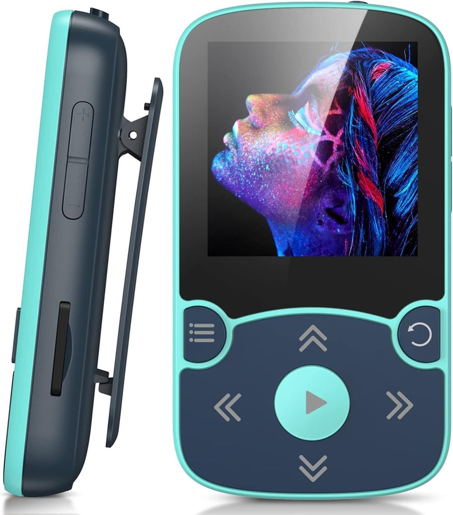 32GB Bluetooth 5.3 Mini MP3 Player with Clip & Color Screen – Black
