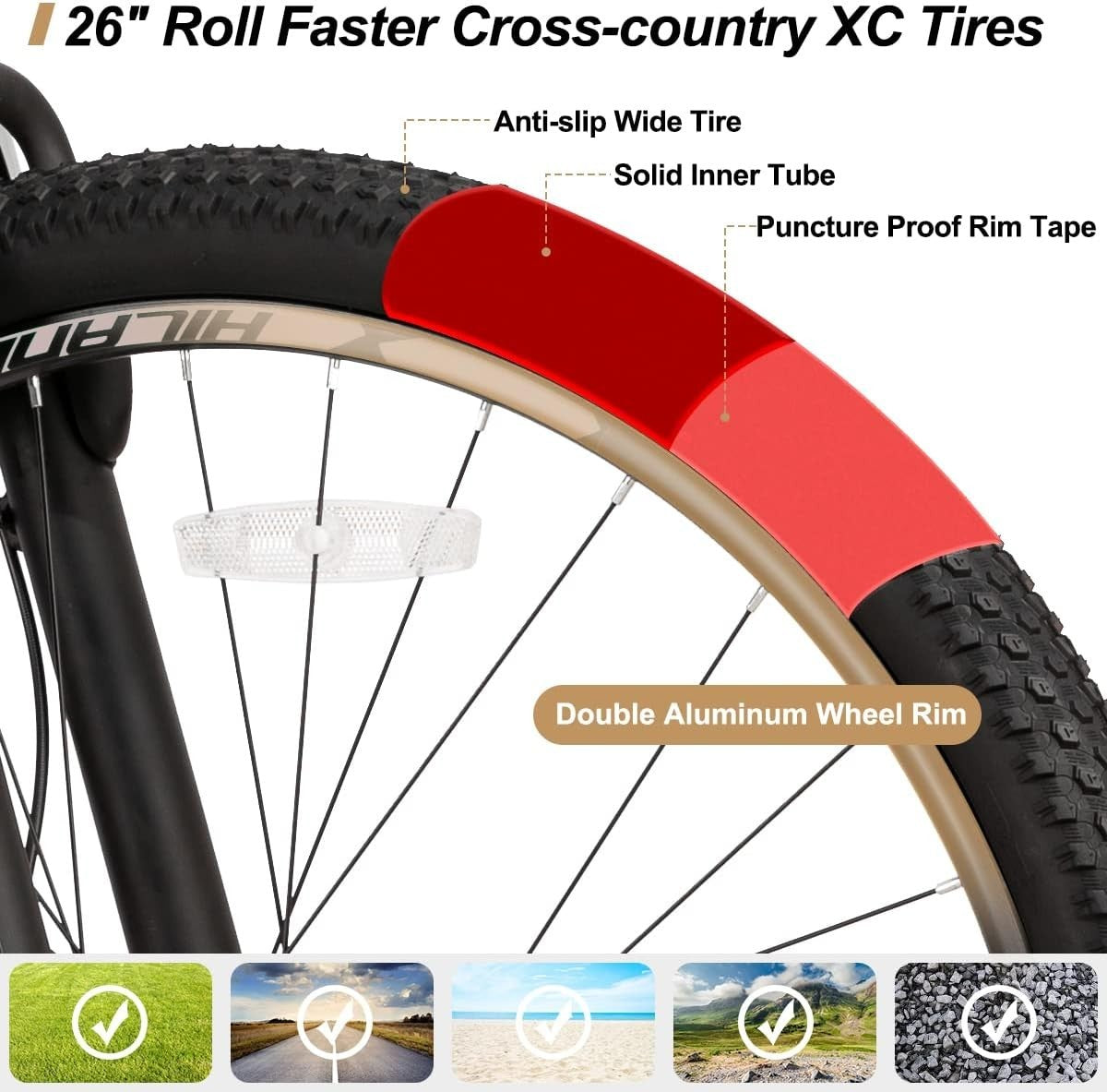 26" Mountain Bike 21-Speed Disc Brake Aluminum Frame MTB for Adults