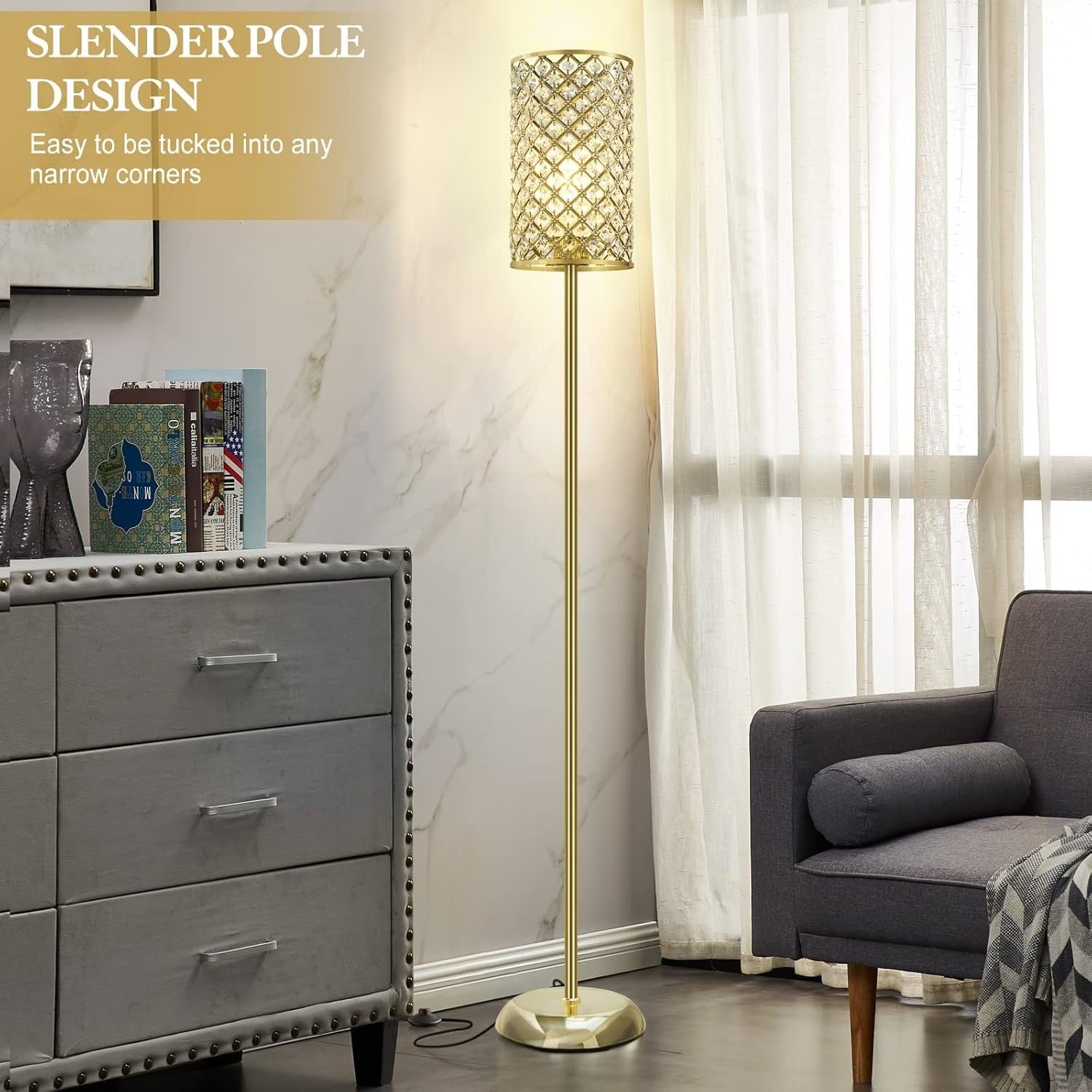 Gold Crystal Floor Lamp Modern Standing Light Foot Switch Tall Slim Design