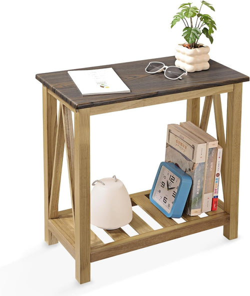 Rustic Narrow Side Table with Storage Shelf, Rectangular Nightstand for Small Sp