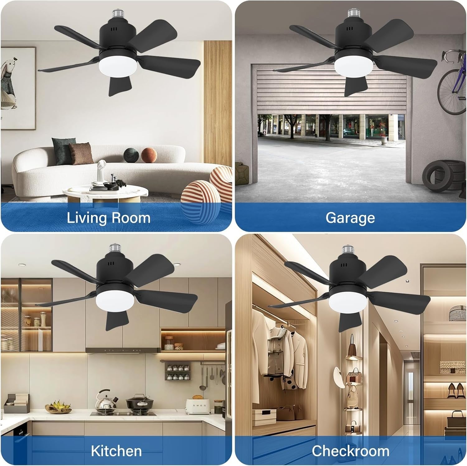 Black Ceiling Fan Light, Dimmable E26/E27, 5 Blades, 3 Colors, Remote & App