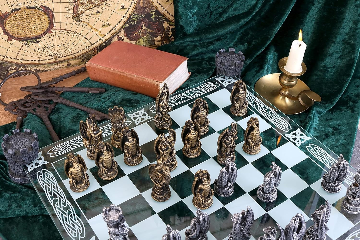 Luxury Dragon Chess Set 43cm Bronze | Hand-Painted Resin Pieces on Glass Board