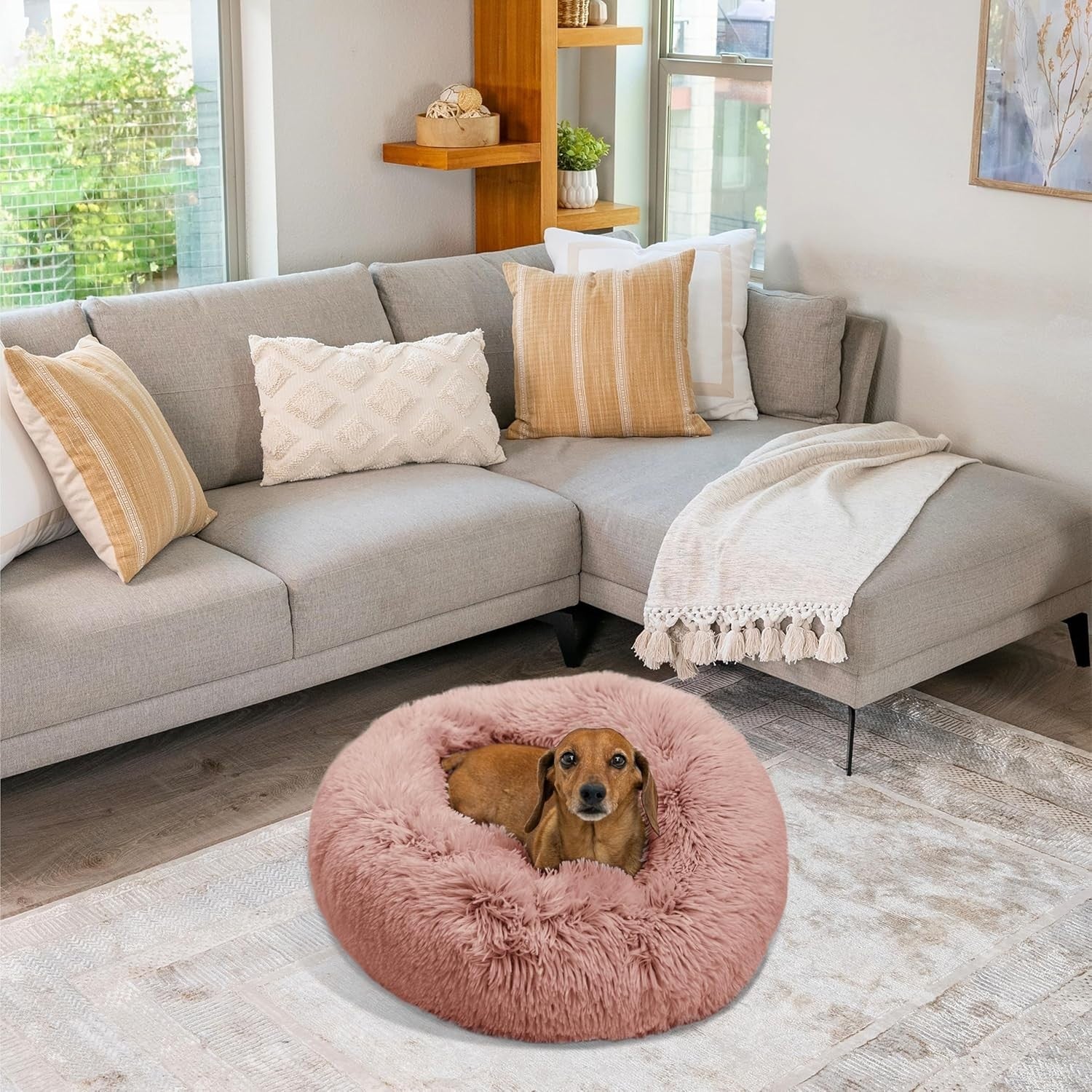 Calming Donut Dog Bed 23x23 Dusty Rose Anti Anxiety Small