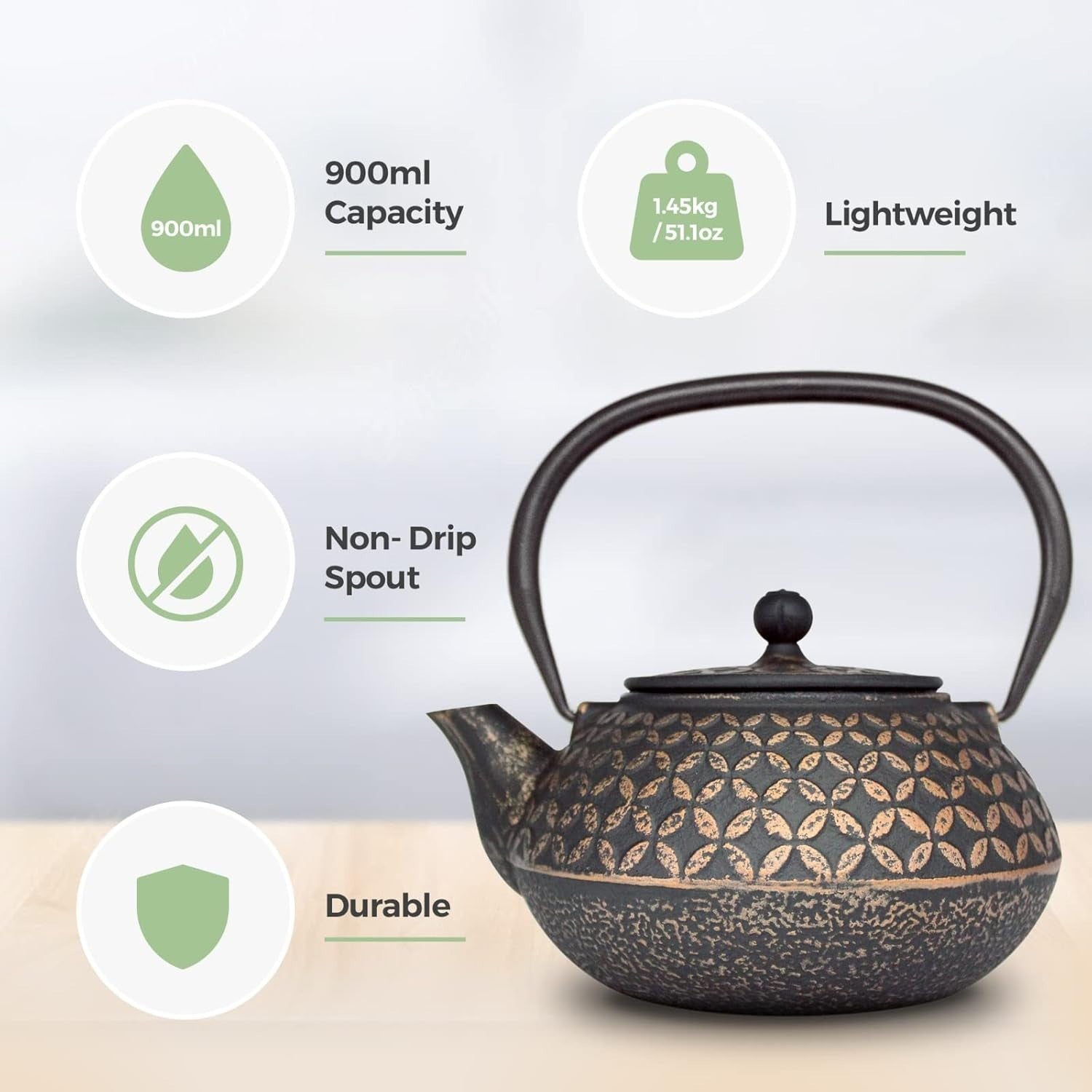 Cast Iron Teapot 900ml Tea Pot w/ Stainless Steel Infuser Black Gold