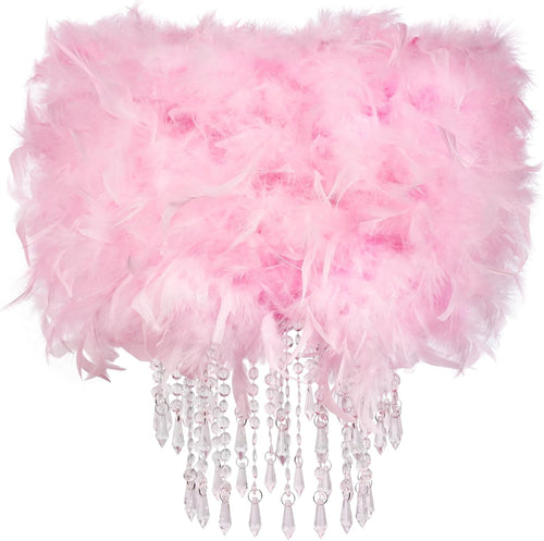 Pink Feather Lampshade Fluffy Drum Ceiling Pendant Shade Crystal Drops