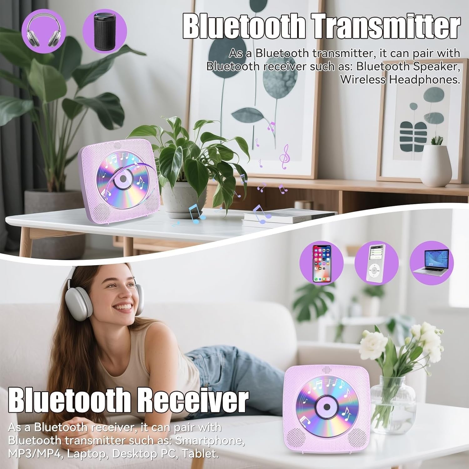 Desktop CD Player Bluetooth Speakers FM Radio USB AUX Remote Purple