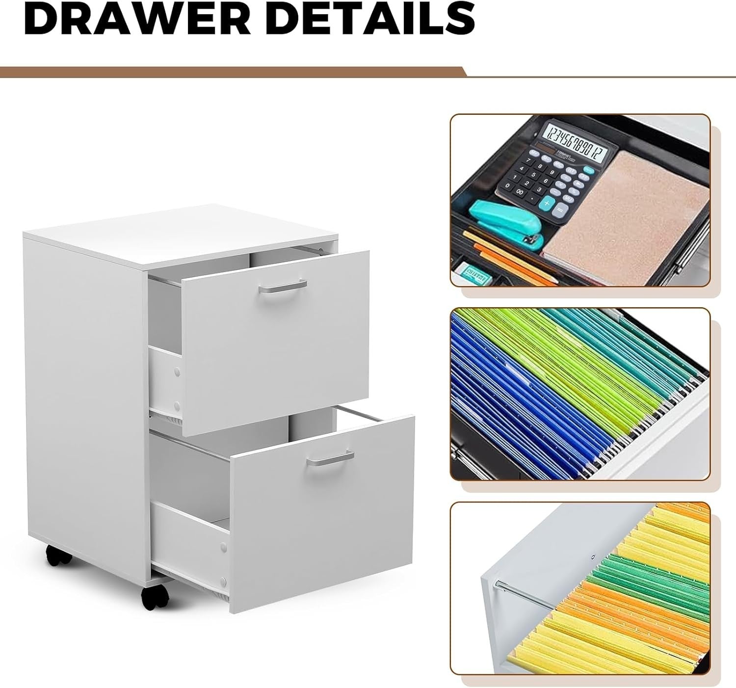White Rolling Vertical File Cabinet 2 Drawer A4 Legal Storage