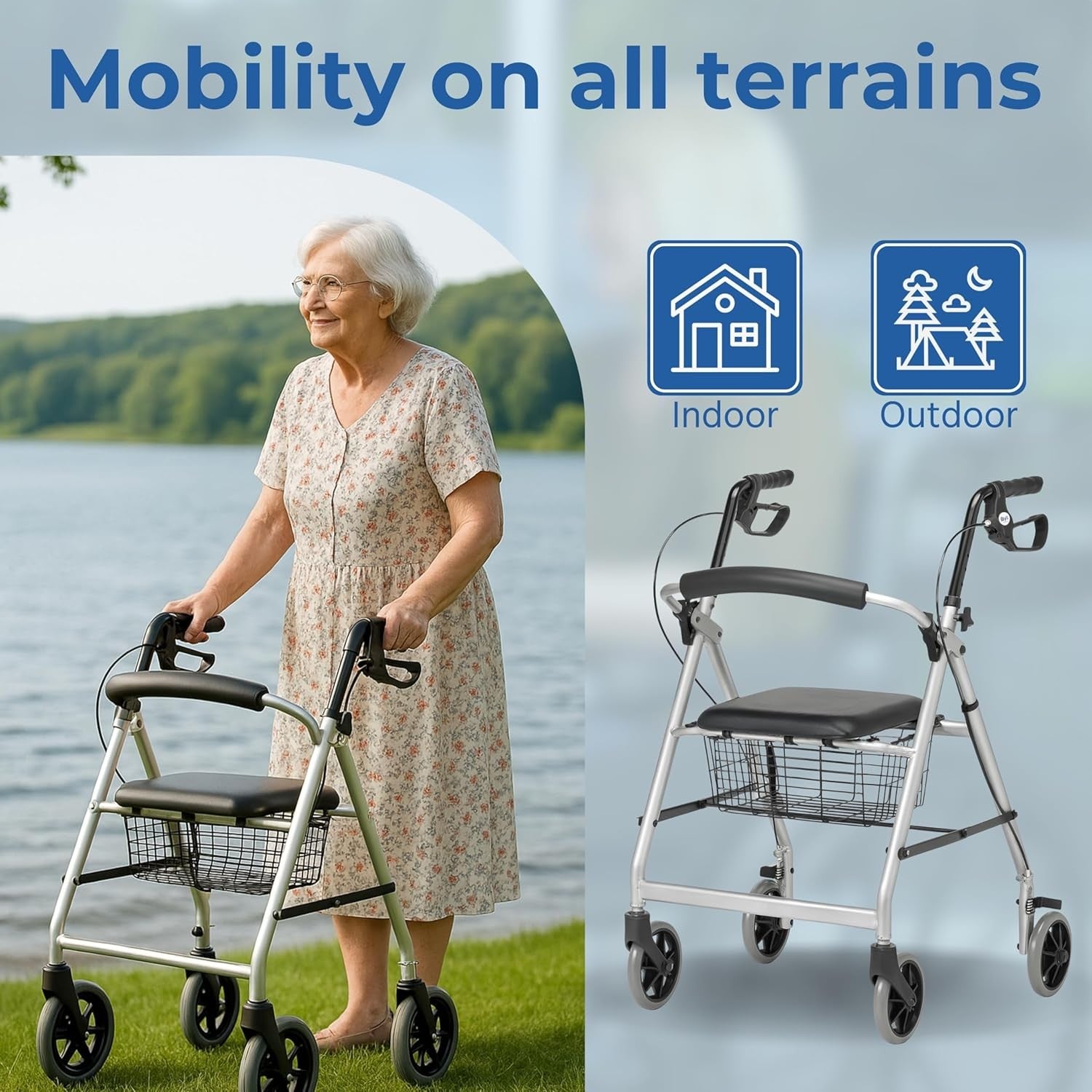 4 Wheel Rollator Walker with Seat Lightweight Folding Mobility Aid Brakes Basket