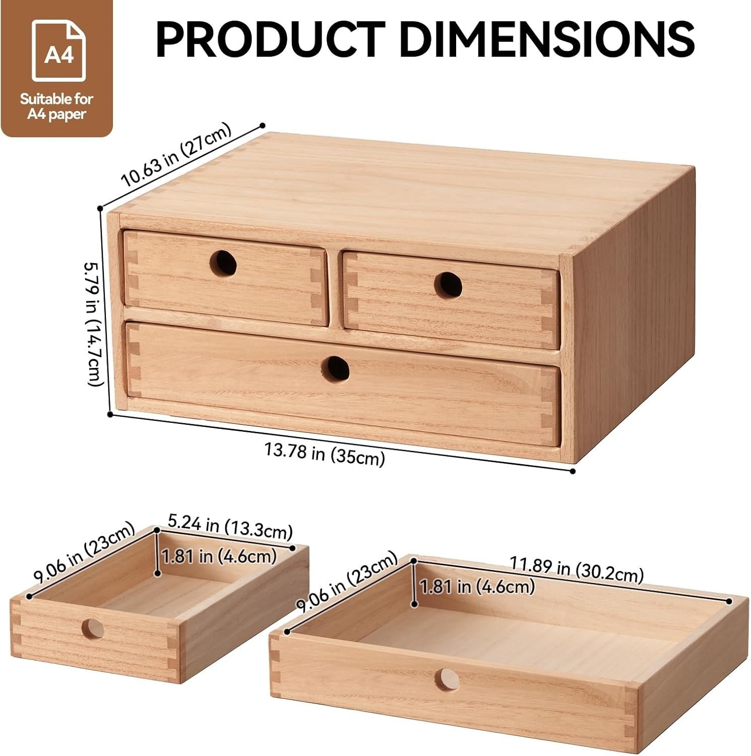 Natural Wood Desktop Organizer 3 Drawer Filing Box 35cm Office Storage