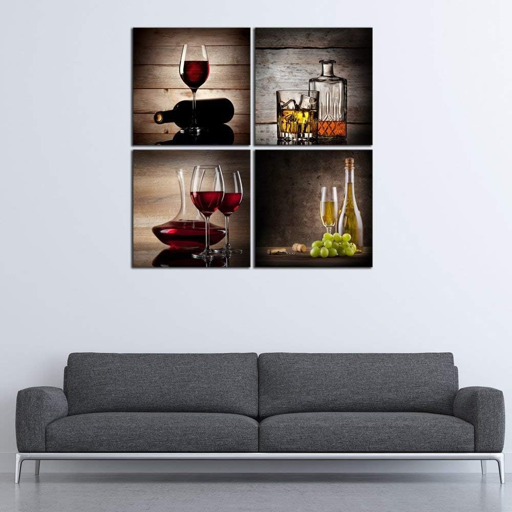 Red Wine Canvas Wall Art Set of 4 Framed 20x20in Modern Prints