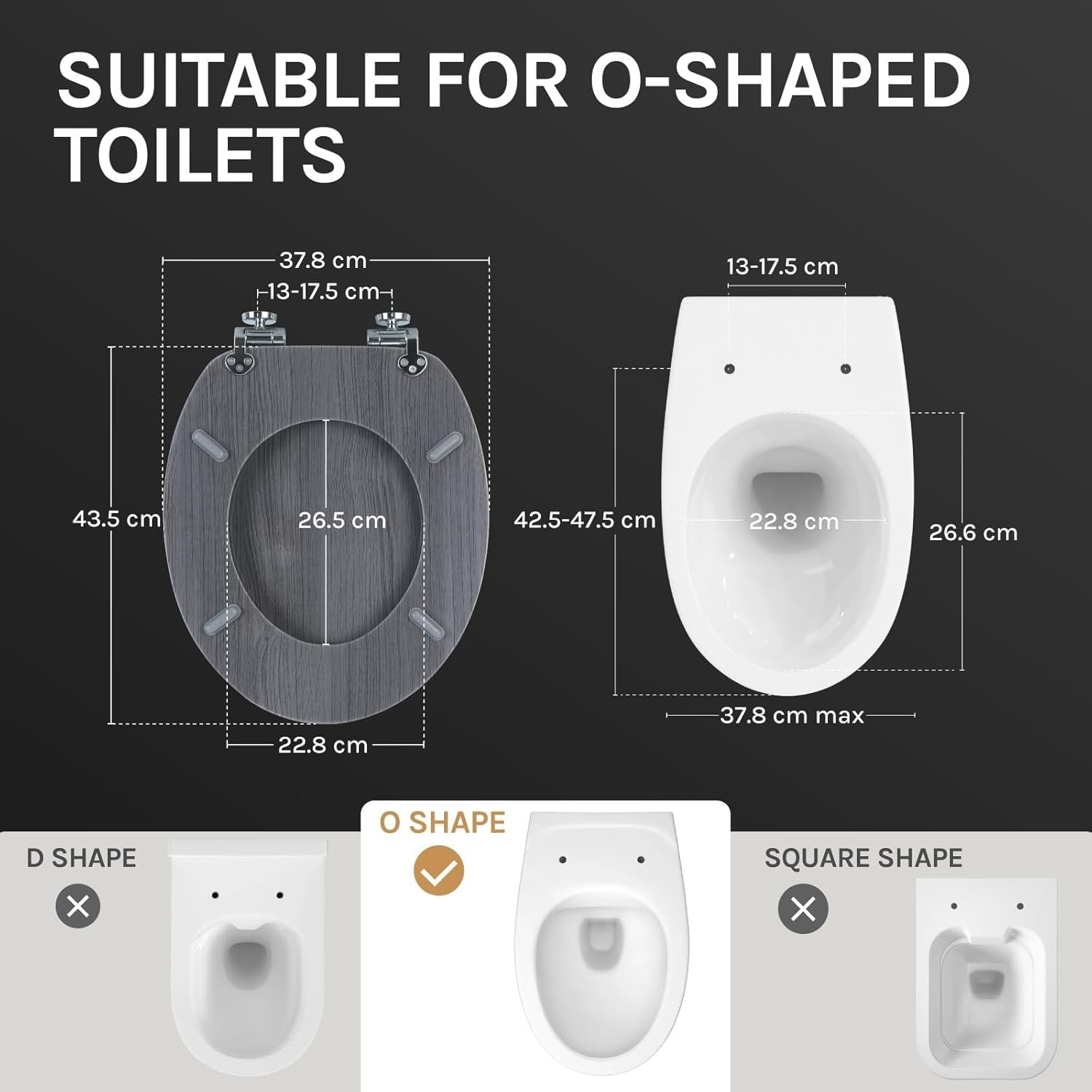 Wooden Toilet Seat Soft Close Grey Maple MDF Heavy Duty Standard WC 43.8x37.8cm