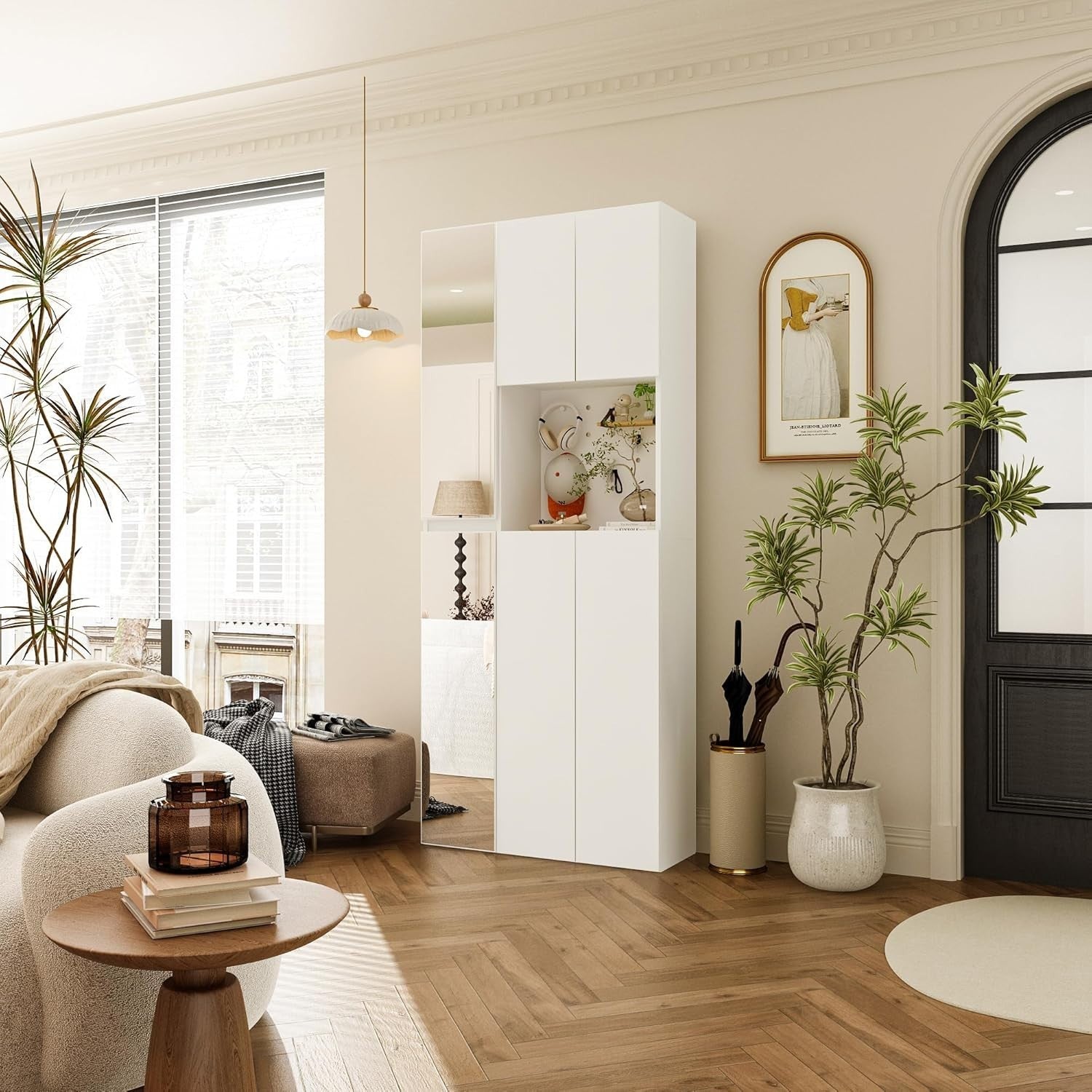 Tall White Shoe Cabinet with Full-Length Mirrors & Pegboard Storage Rack