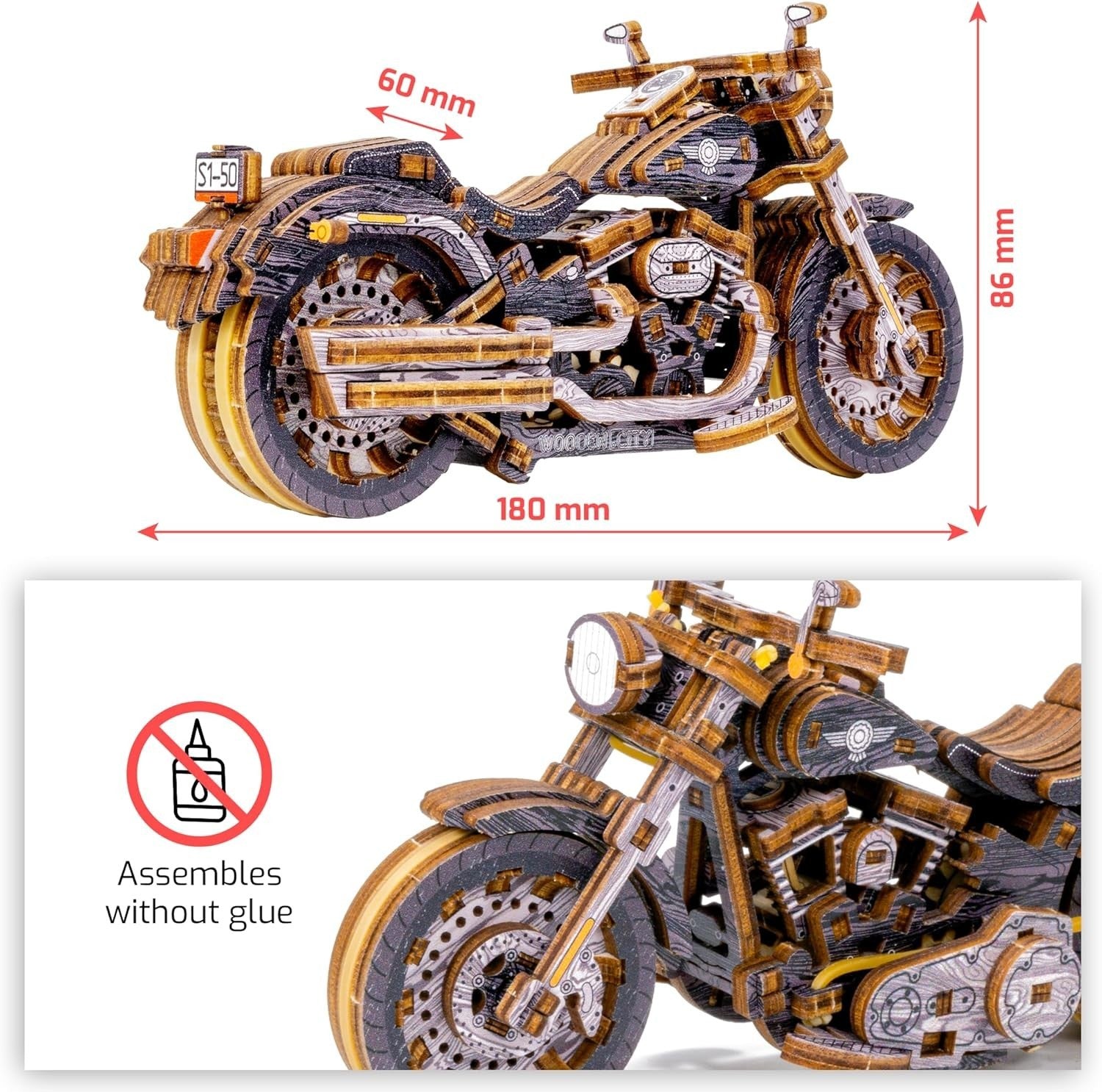 Wooden Motorcycle 3D Puzzle Kit | 1:13 Scale V-Twin Cruiser Model Gift