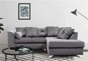 Grey Plush Velvet Corner Sofa RH L-Shape 3-4 Seater with Chrome Feet