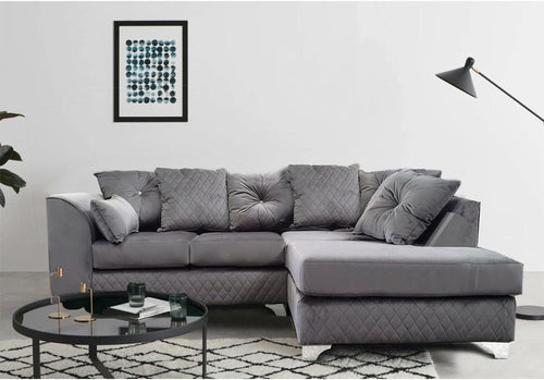 Grey Plush Velvet Corner Sofa RH L-Shape 3-4 Seater with Chrome Feet