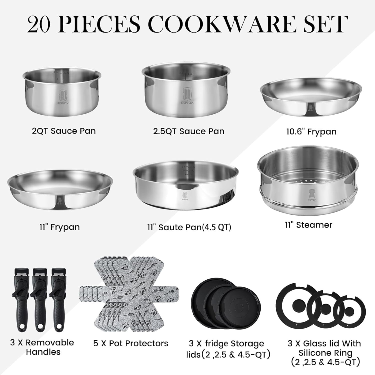 20Pcs Stainless Steel Cookware Set with Steamer, Frying & Sauté Pans