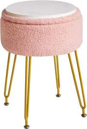 Pink Teddy Velvet Storage Footrest Stool – Vanity Seat with Golden Steel Legs