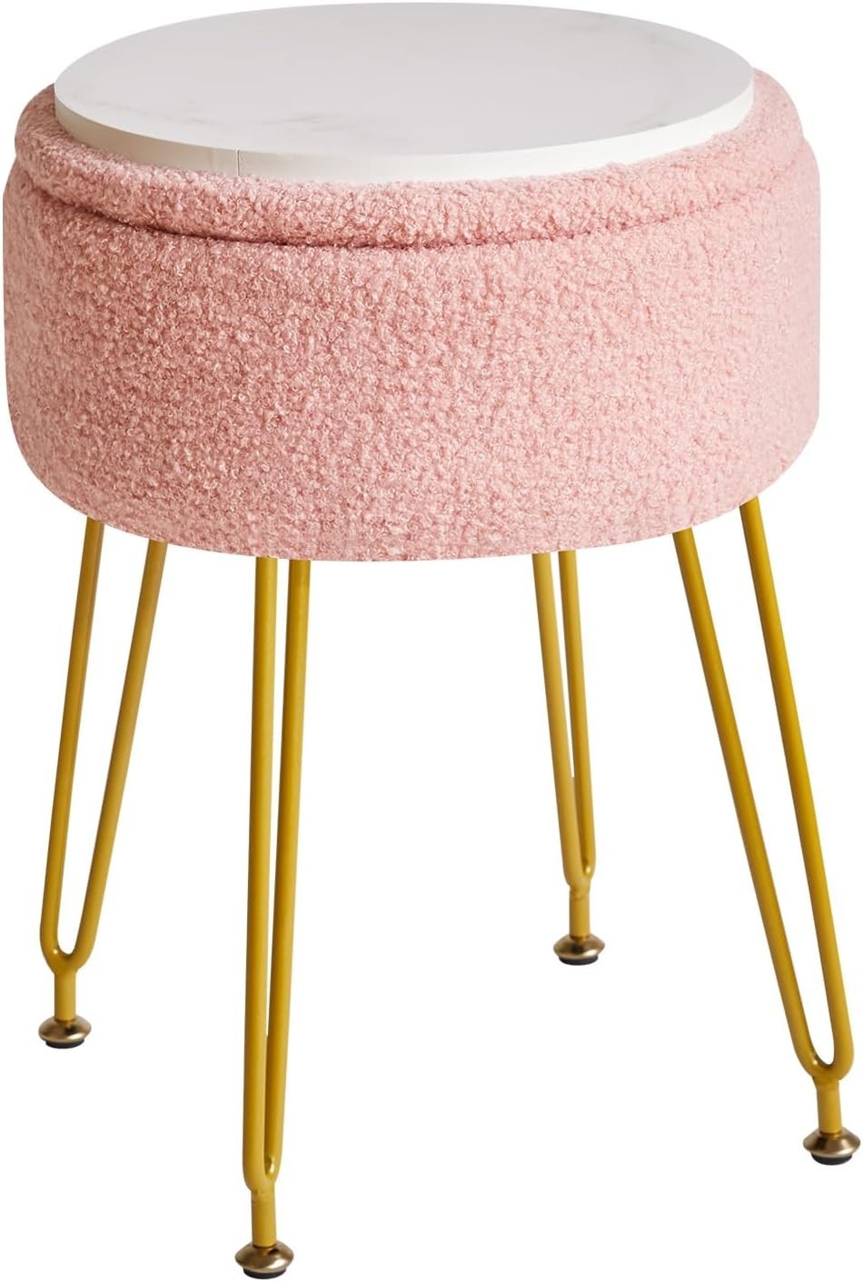 Pink Teddy Velvet Storage Footrest Stool – Vanity Seat with Golden Steel Legs