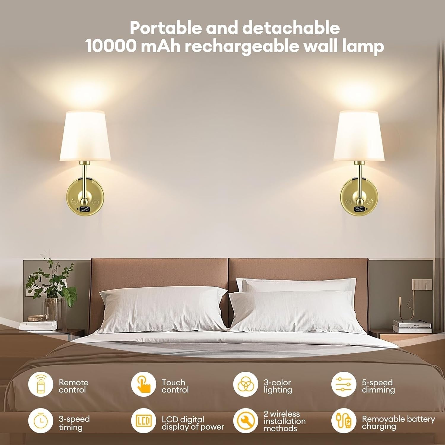 Cordless Rechargeable Wall Lights with 10000mAh Battery, Touch Remote, 3 Color T