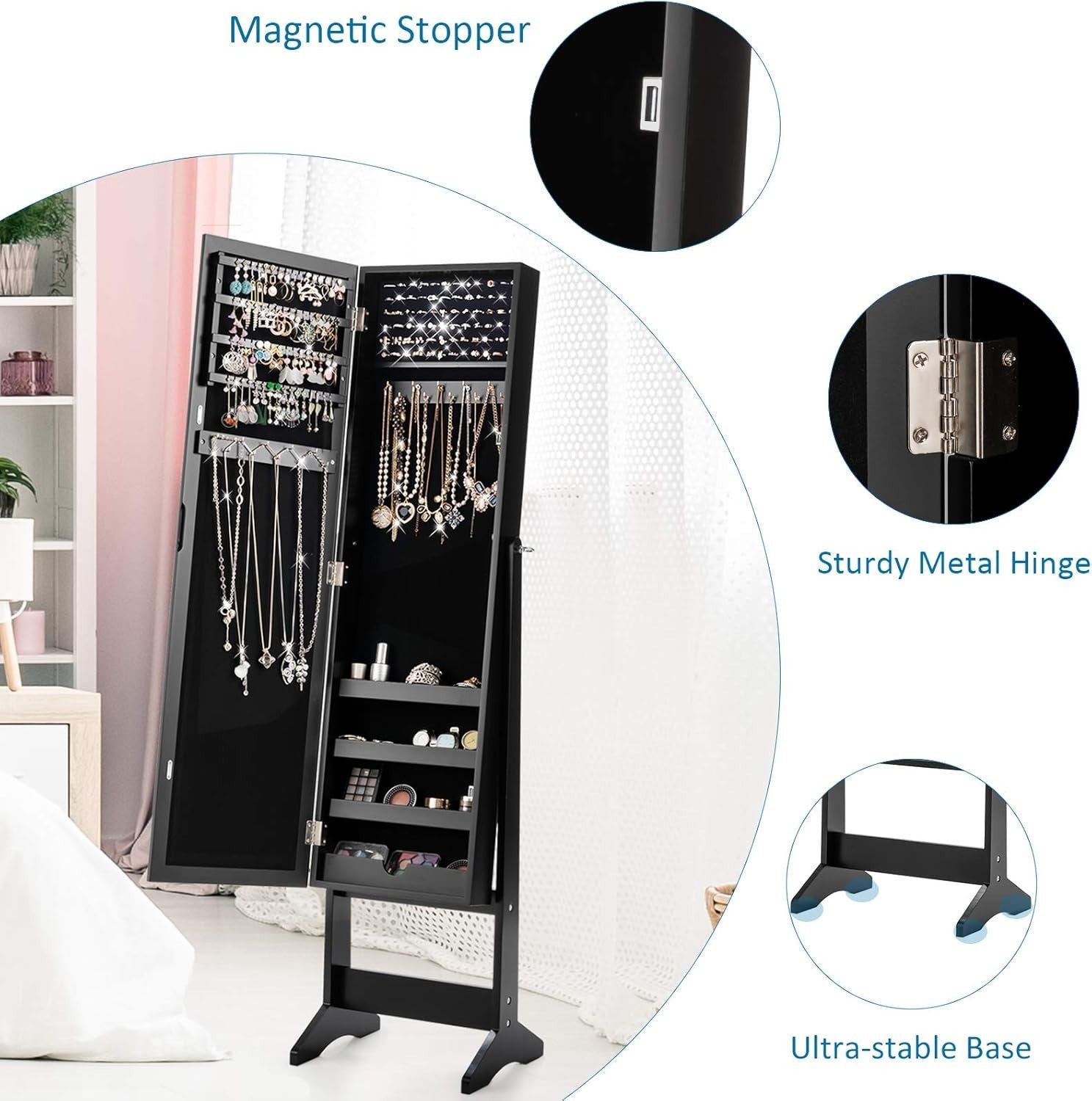 Adjustable Standing Jewelry Armoire Full Length Mirror Storage Black