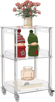 Clear Acrylic 3-Tier Side Table with Wheels – Modern Rolling Storage Stand