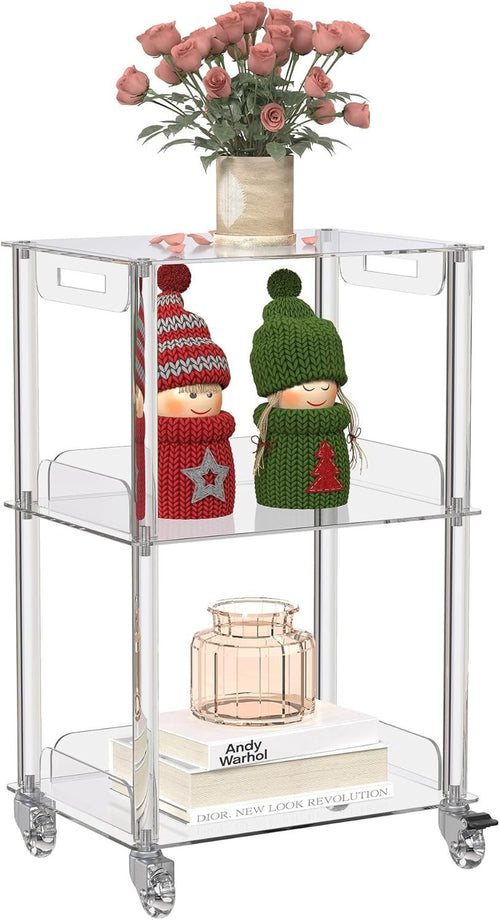 Clear Acrylic 3-Tier Side Table with Wheels – Modern Rolling Storage Stand