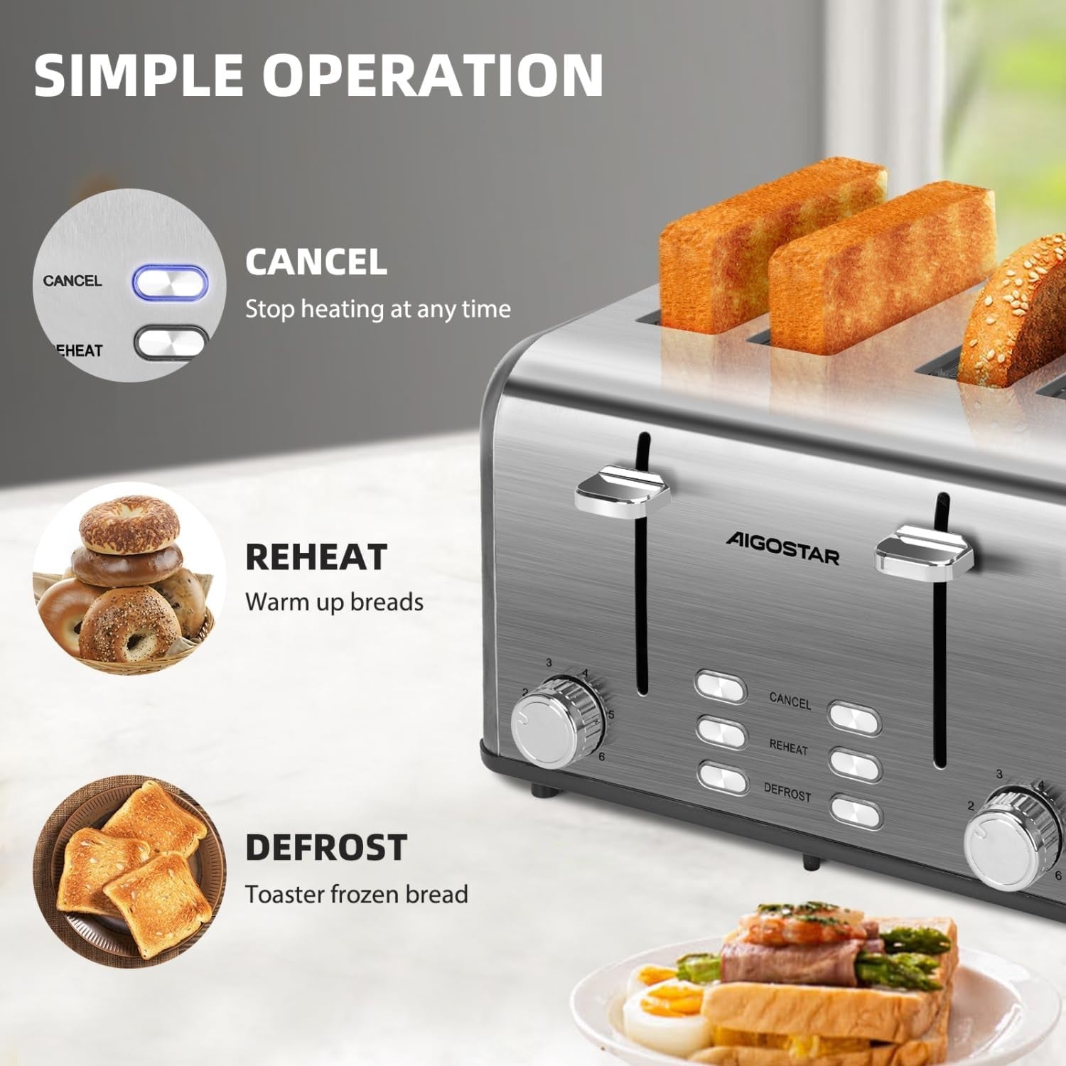 4-Slice Stainless Steel Toaster Extra-Wide Slots High Lift Defrost Reheat
