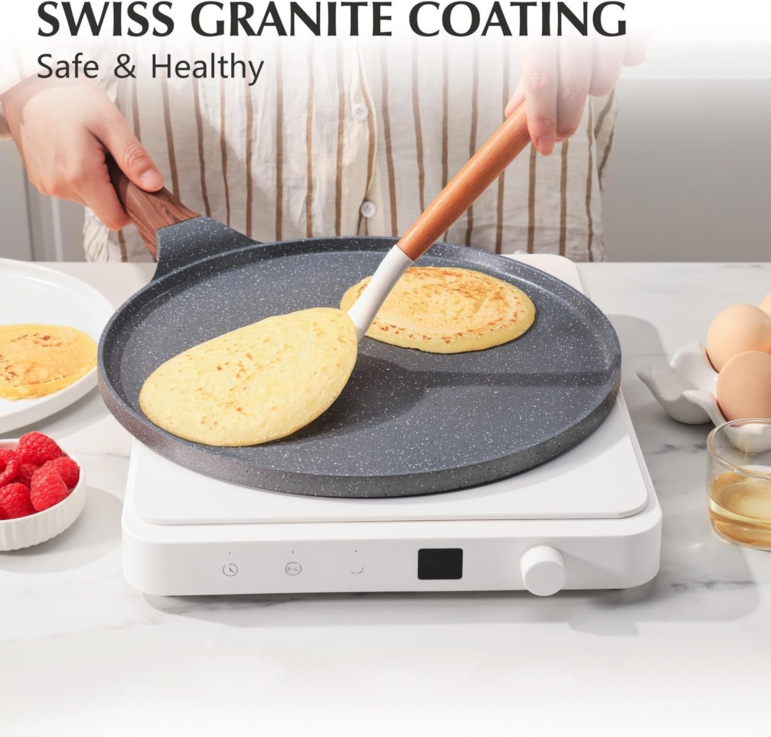 Non-Stick Crepe Pan 10-Inch Swiss Granite Coating Dosa Pancake Skillet Gray